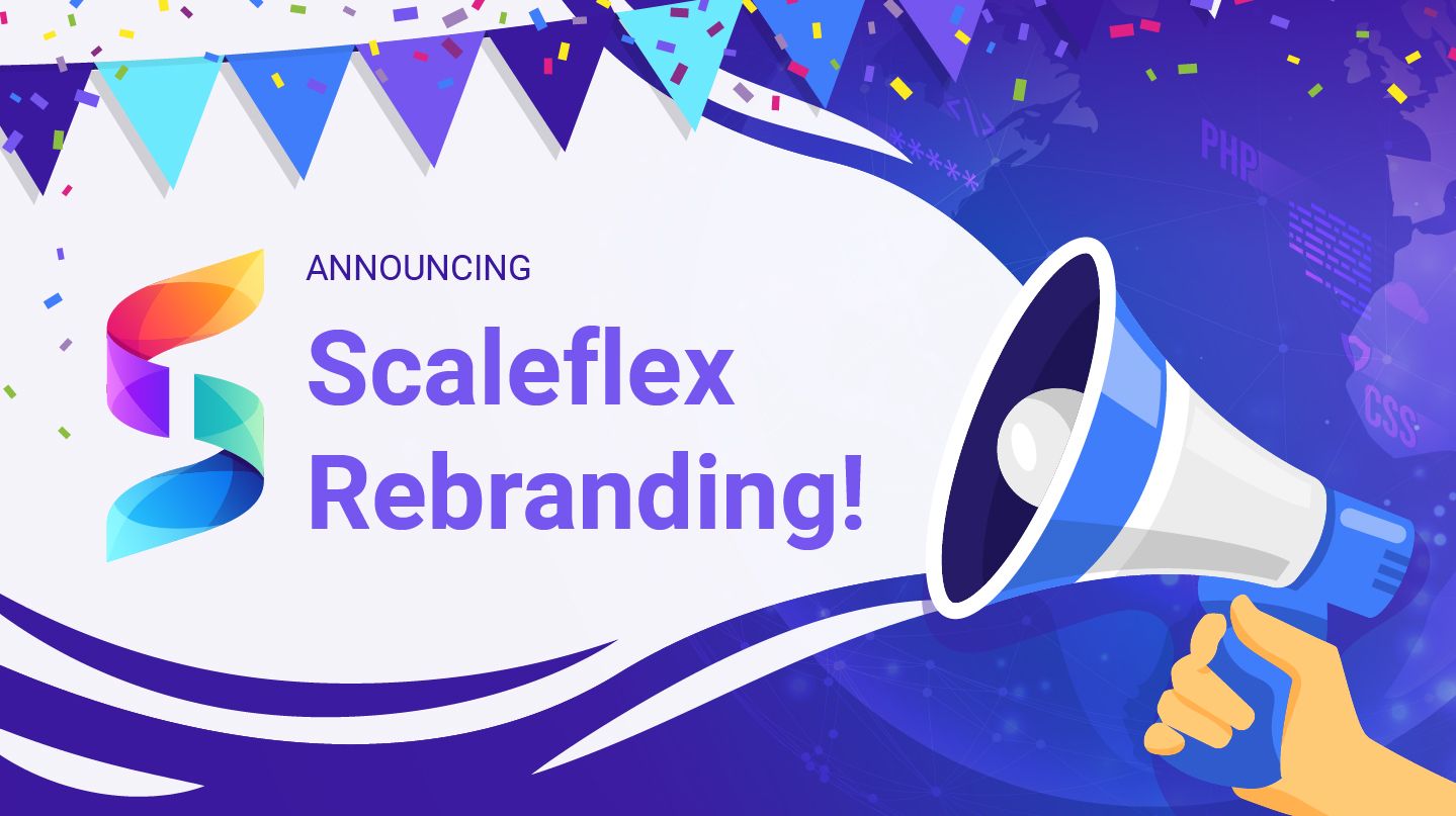 Announcement graphic for Scaleflex's rebranding