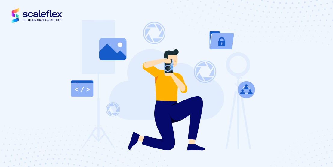 Illustration of a Digital Asset Management system organizing photos at scale for photographers