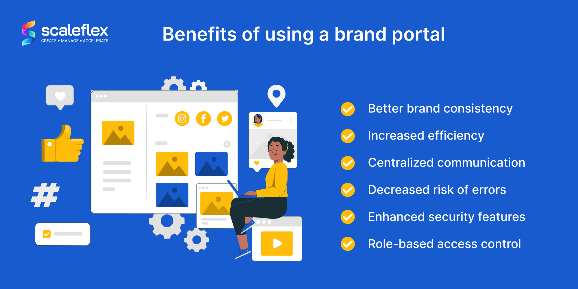 Listed in the image, the six main benefits to enjoy when using a brand portal.
