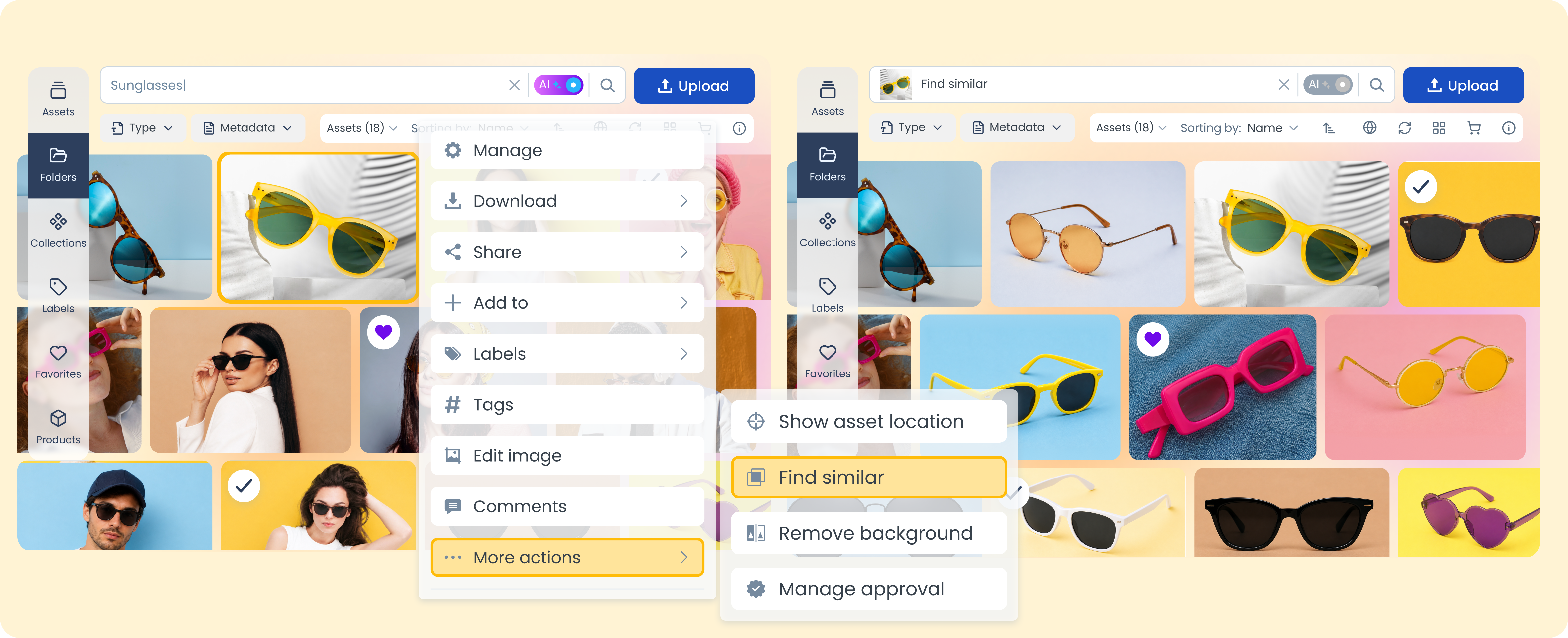 digital asset management interface showing ai operations for product images