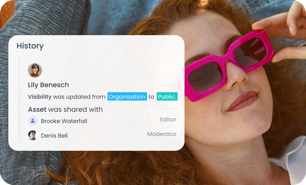 young woman with pink sunglasses and panel showing image versions