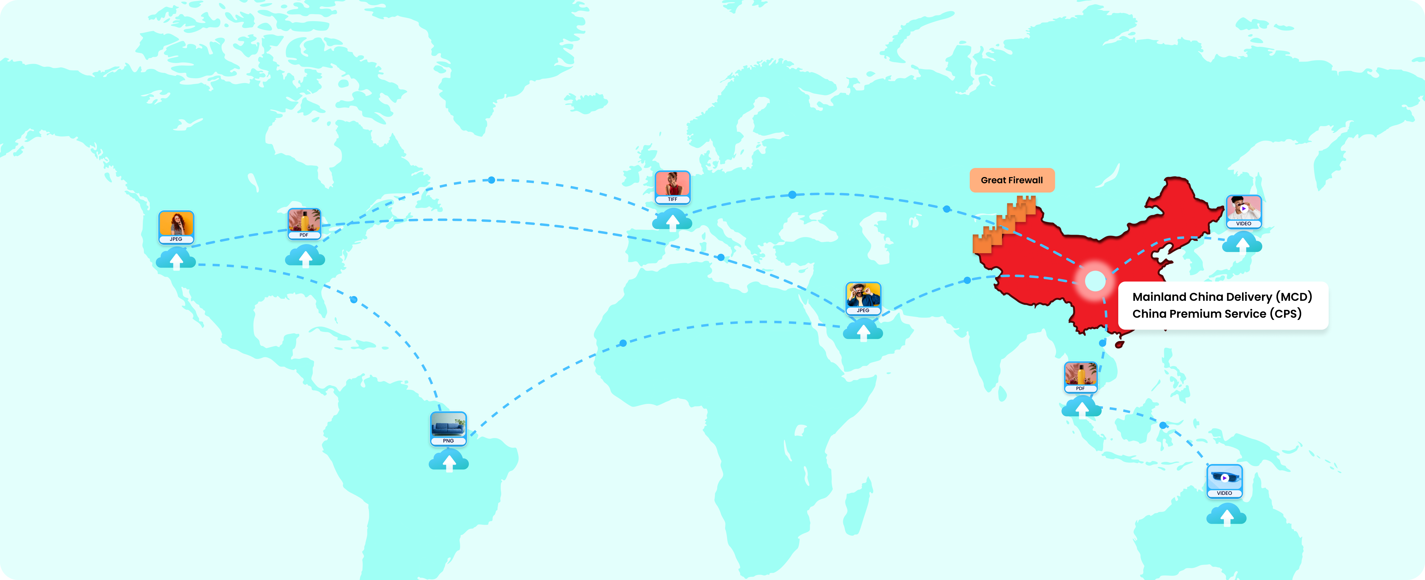 World map showing accelerated content delivery routes from global regions into mainland China via licensed CDN infrastructure