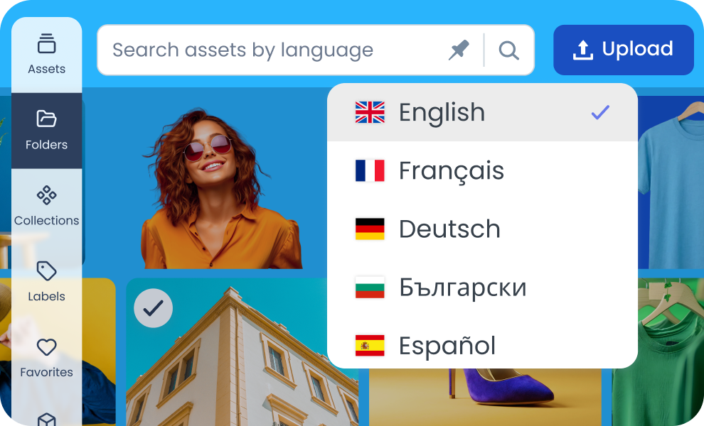 Product image interface with a language selector showing German, Finnish, and Spanish locale options