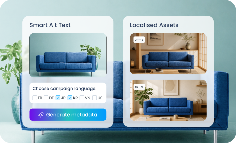 Product catalog interface showing the same furniture item adapted with different images for regional markets